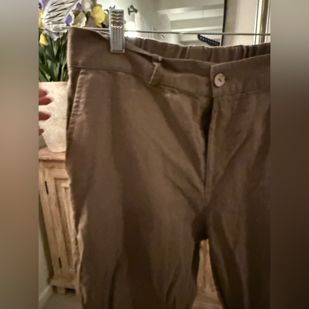 Dear Deer 100% Linen Brown Tapered Cropped Trousers Relaxed Low Rise Pants L - Picture 7 of 11